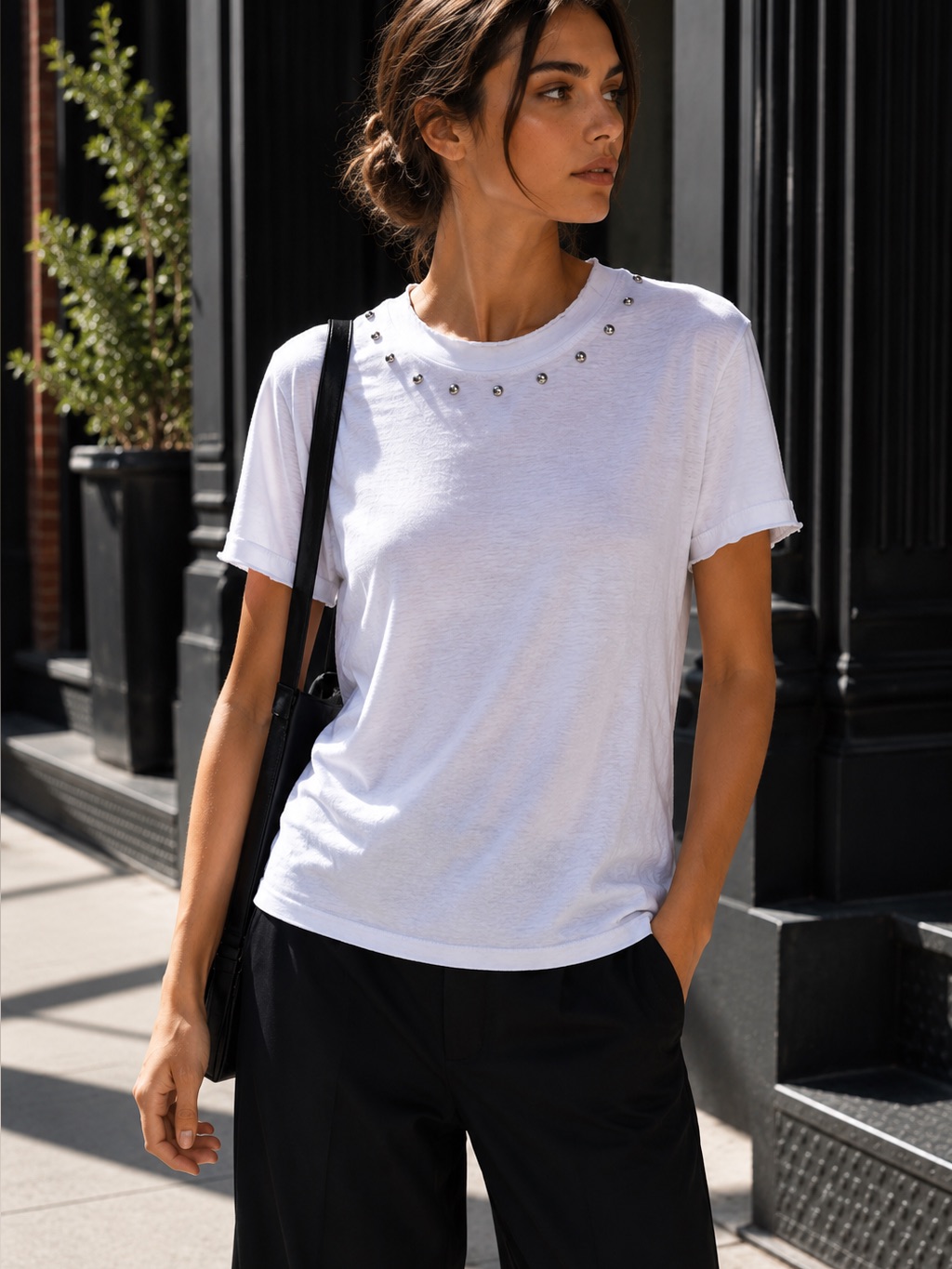 Current Elliot Silver Studded Distressed White Short Sleeve Tee, 1/Small